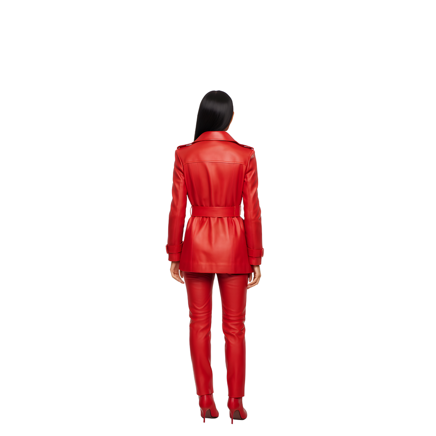 Women Leather Trench Coat and Pants Set – Double-Breasted Belted Trench Outfit – Premium Leather Set for Cosplay, Streetwear – Gift for Women